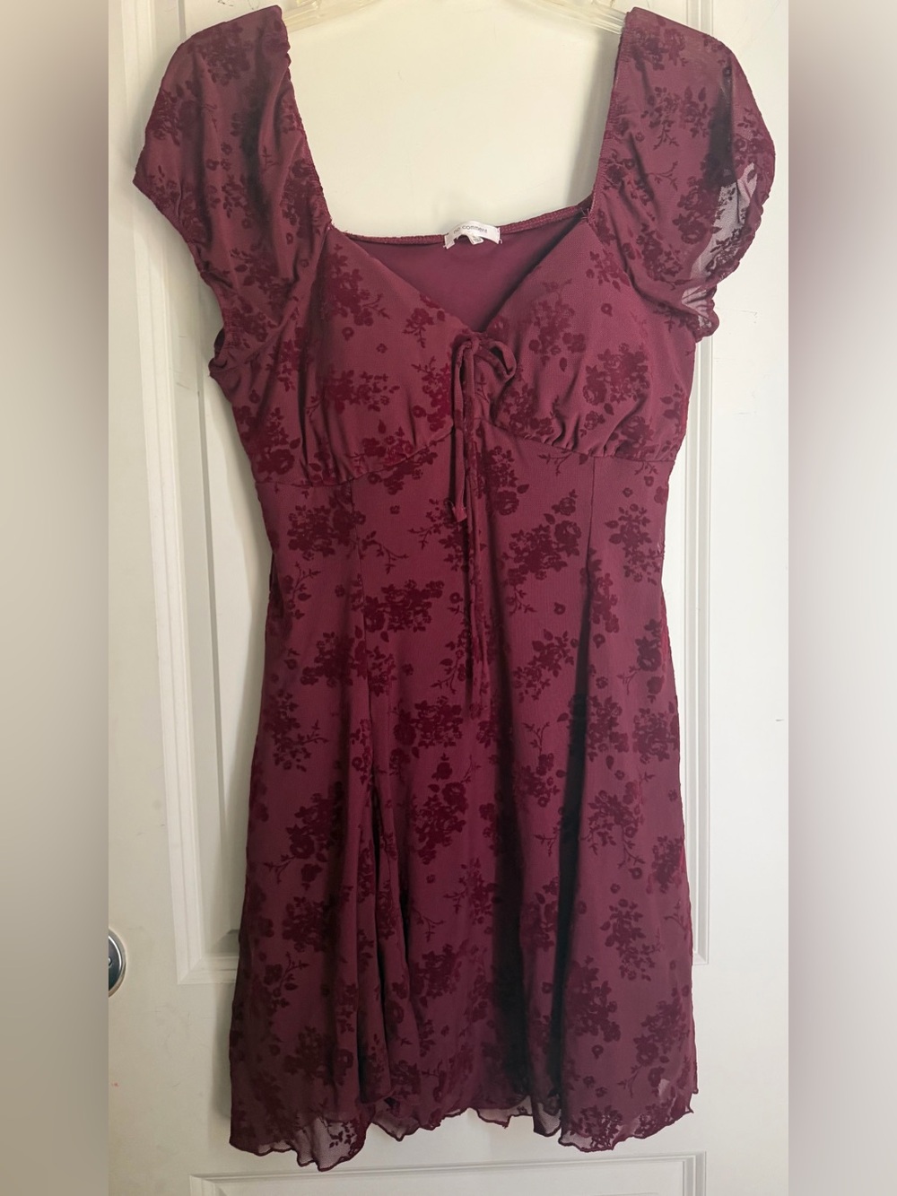 Y2k No comment Burgundy babydoll Floral Tie-Front Midi Dress fairy goth vamp rav